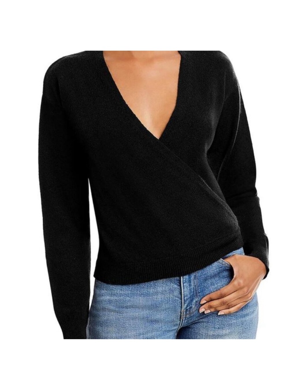 Aqua Cashmere Womens Faux Wrap Black Sweater Size M